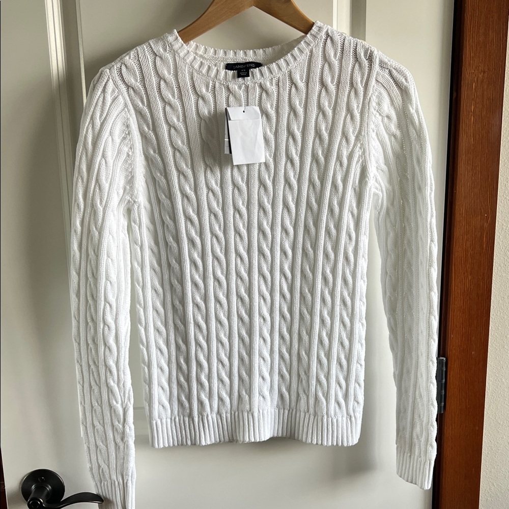 Lands' End Classic White Cable Knit Sweater